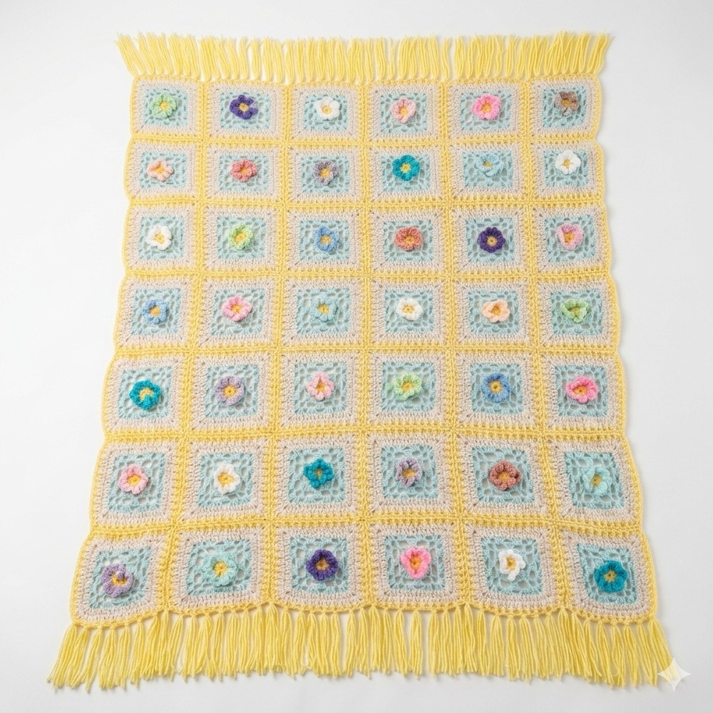 56” x 45” Handmade Crocheted Knit Granny Square 3D Floral Rosette Throw Blanket